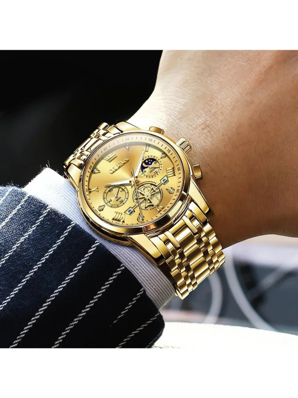 Men's Gold Stainless Steel Chronograph Waterproof Quartz Elegant Dress Watch